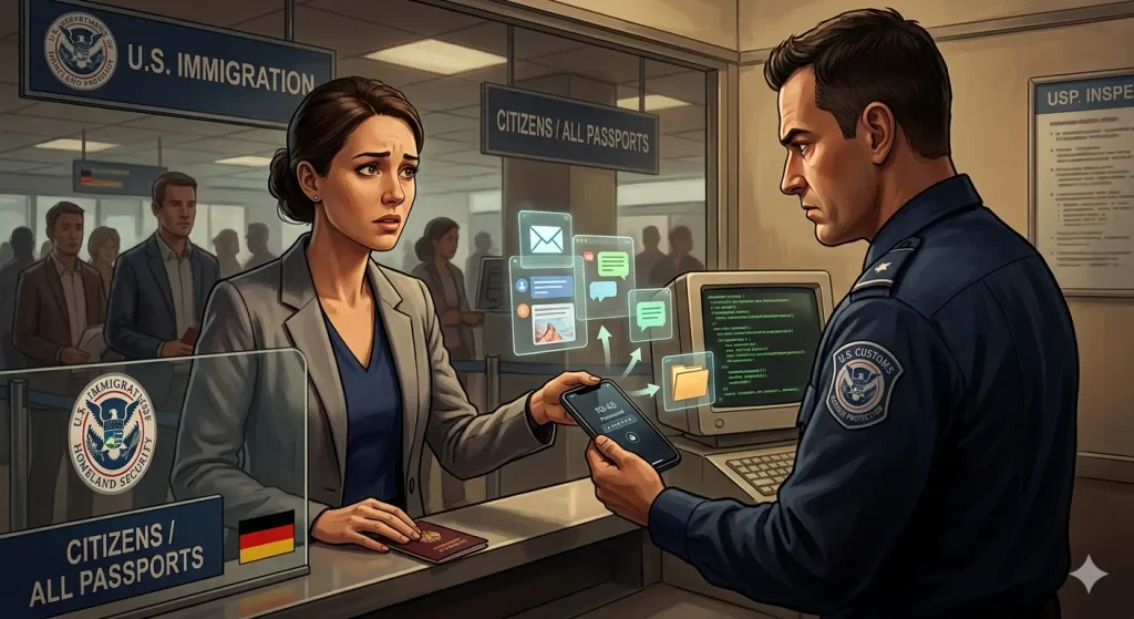 Illustration montrant un agent des douanes américaines inspectant le smartphone d'une voyageuse d'affaires européenne à un point de contrôle frontalier, avec des icônes numériques symbolisant l'accès aux données personnelles.