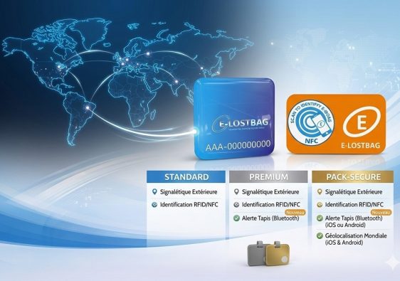 Solution de bagagerie connectée E-LOSTBAG avec puce NFC et signalétique orange.