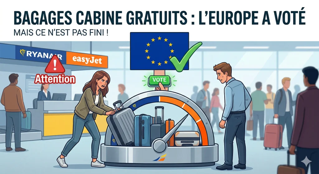 Passager essayant de faire entrer une valise cabine dans un gabarit de mesure métallique à l'aéroport pour éviter les frais supplémentaires.