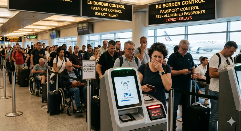 File d'attente de voyageurs devant des bornes de contrôle biométrique EES dans un aéroport européen.