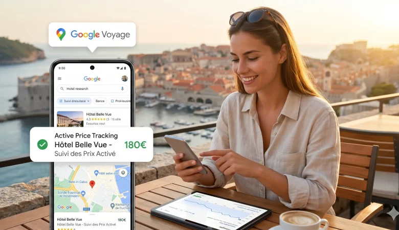 Interface de l'outil Google Hotel montrant l'option de suivi des prix activée sur un smartphone.