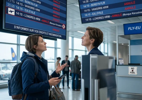 Passagère inquiète regardant un panneau d'affichage d'aéroport indiquant des vols annulés pour manque de kérosène.