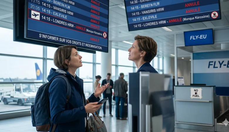 Passagère inquiète regardant un panneau d'affichage d'aéroport indiquant des vols annulés pour manque de kérosène.
