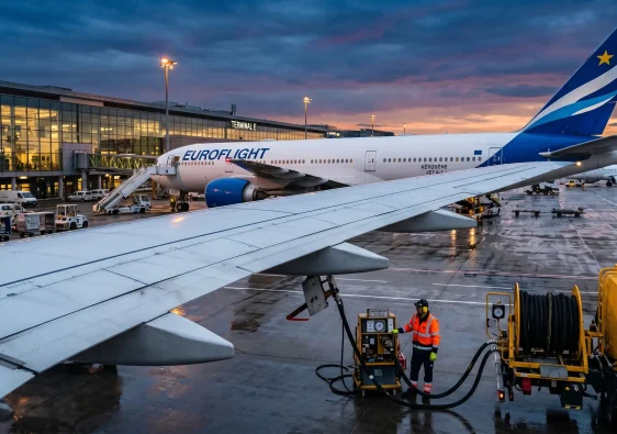 Avion de ligne en cours de ravitaillement sur le tarmac d'un aéroport international avec camion-citerne de kérosène.
