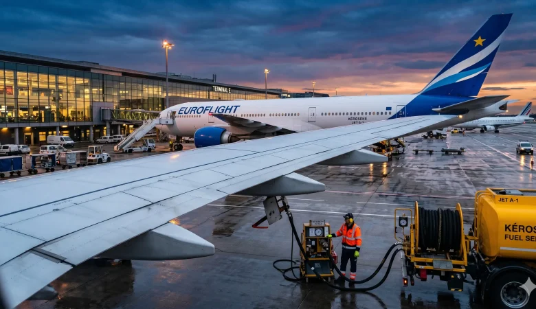 Avion de ligne en cours de ravitaillement sur le tarmac d'un aéroport international avec camion-citerne de kérosène.