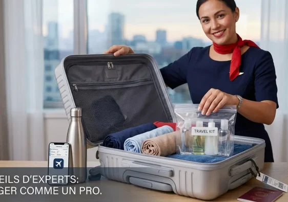 Une hôtesse de l'air souriante en uniforme préparant méthodiquement sa valise cabine organisée pour un vol.