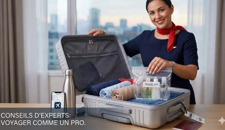 Une hôtesse de l'air souriante en uniforme préparant méthodiquement sa valise cabine organisée pour un vol.