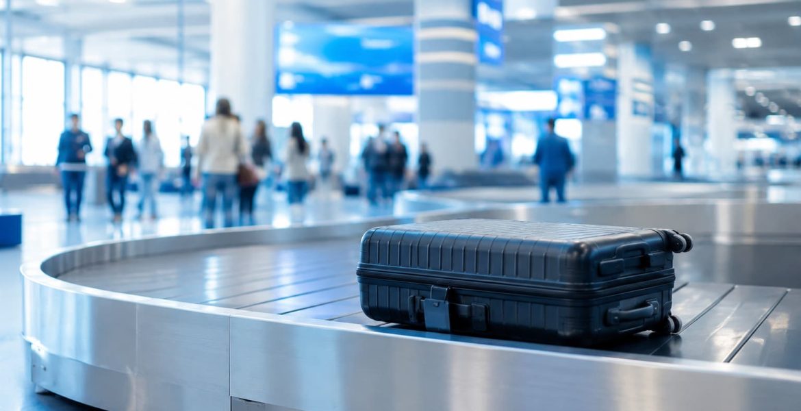 Bagage perdu : valise noire sur un tapis roulant d'aéroport.
