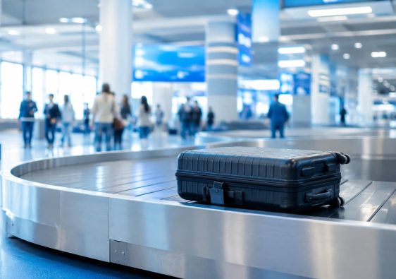 Bagage perdu : valise noire sur un tapis roulant d'aéroport.