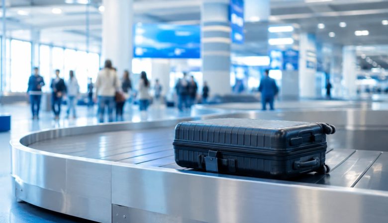 Bagage perdu : valise noire sur un tapis roulant d'aéroport.