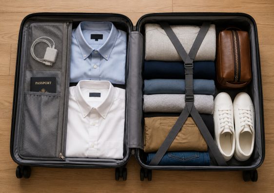 Valise ouverte préparée avec la méthode 5-4-3-2-1 pour voyager léger