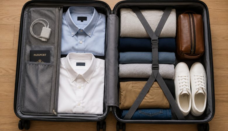 Valise ouverte préparée avec la méthode 5-4-3-2-1 pour voyager léger
