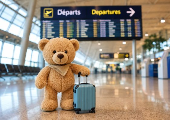 Doudou avec une petite valise dans un aéroport