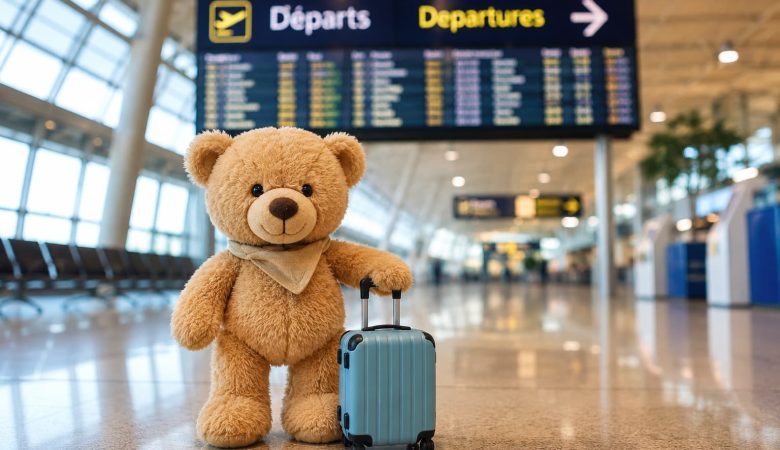 Doudou avec une petite valise dans un aéroport