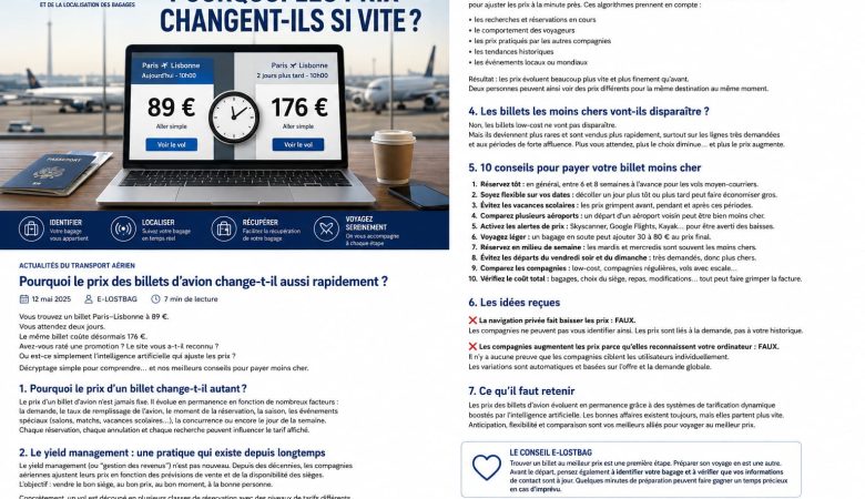 Ordinateur affichant l'évolution du prix d'un billet d'avion entre deux dates pour illustrer la tarification dynamique et l'intelligence artificielle dans le transport aérien.