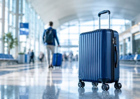 Valise à roulettes moderne dans un aéroport illustrant l'histoire et l'évolution des bagages de voyage.