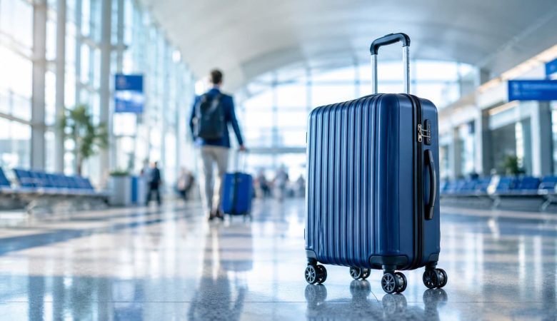 Valise à roulettes moderne dans un aéroport illustrant l'histoire et l'évolution des bagages de voyage.