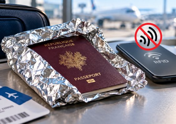 Passeport français entouré de papier aluminium pour illustrer la protection contre la lecture RFID