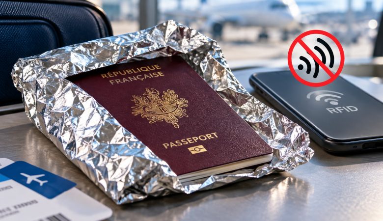 Passeport français entouré de papier aluminium pour illustrer la protection contre la lecture RFID
