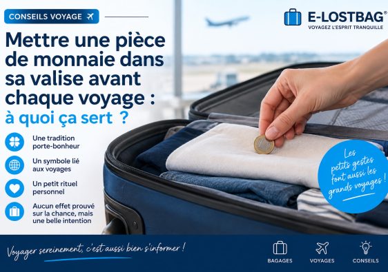 Une main dépose une pièce de monnaie sur des vêtements dans une valise ouverte avant un voyage.