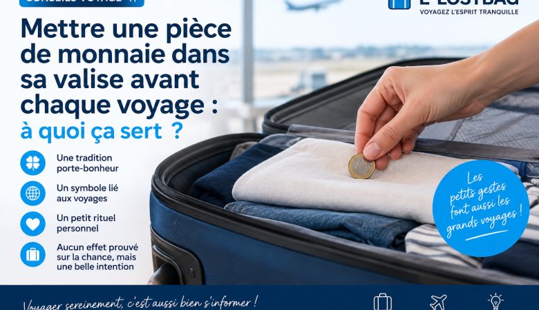 Une main dépose une pièce de monnaie sur des vêtements dans une valise ouverte avant un voyage.