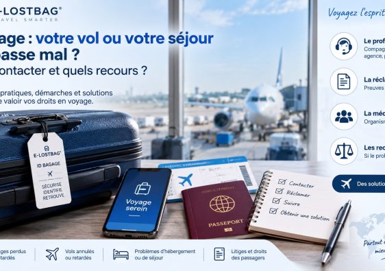 Voyageur confronté à un problème de vol ou de bagage avec une valise et des documents de voyage dans un aéroport.