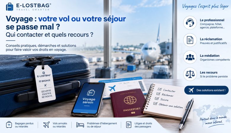 Voyageur confronté à un problème de vol ou de bagage avec une valise et des documents de voyage dans un aéroport.