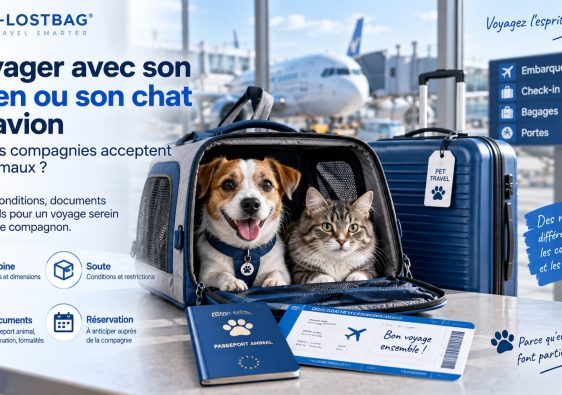 Chien et chat dans une caisse de transport dans un aéroport avant un voyage en avion.