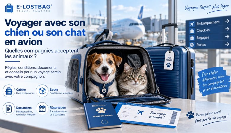 Chien et chat dans une caisse de transport dans un aéroport avant un voyage en avion.
