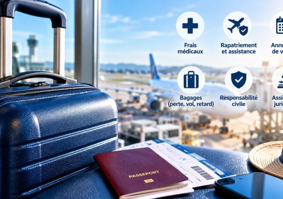 Valise dans un aéroport illustrant les garanties d’une assurance voyage à l’étranger.