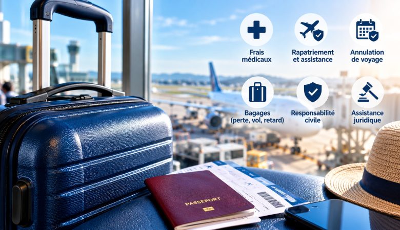 Valise dans un aéroport illustrant les garanties d’une assurance voyage à l’étranger.