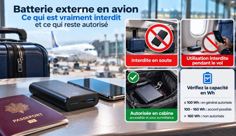 Batterie externe avion avec règles de transport en cabine et en soute