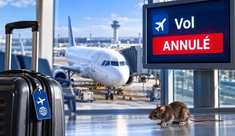 Avion de ligne à l’aéroport, panneau de vol annulé et rat au sol.